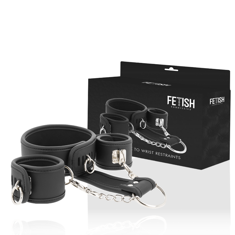 FETISH SUBMISSIVE - HALSKETTE UND HANDSCHELLEN AUS VEGANEM LEDER MIT NOPRENE-FUTTER – Bild 2