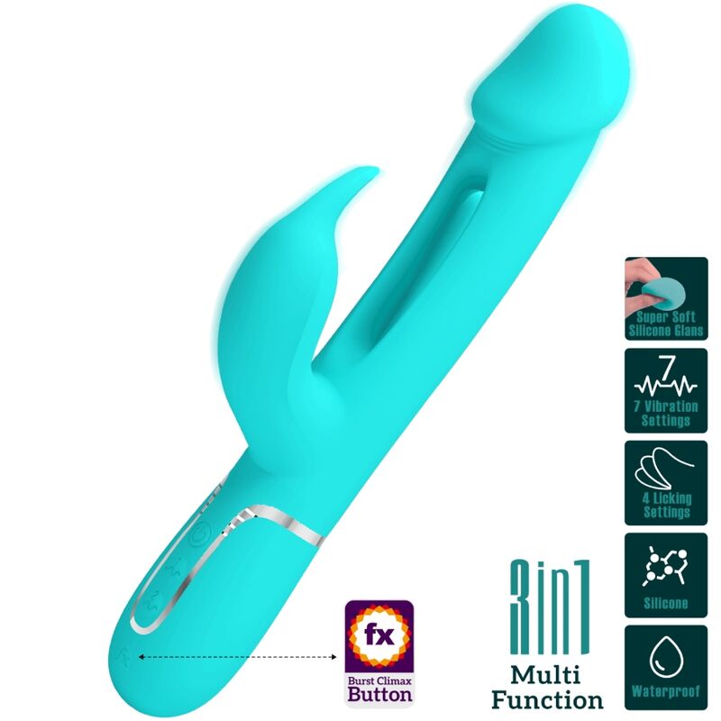 PRETTY LOVE - KAMPAS VIBRADOR RABBIT 3 EN 1 MULTIFUNCIÓN CON LENGUA VERDE AGUA - Imagen 2