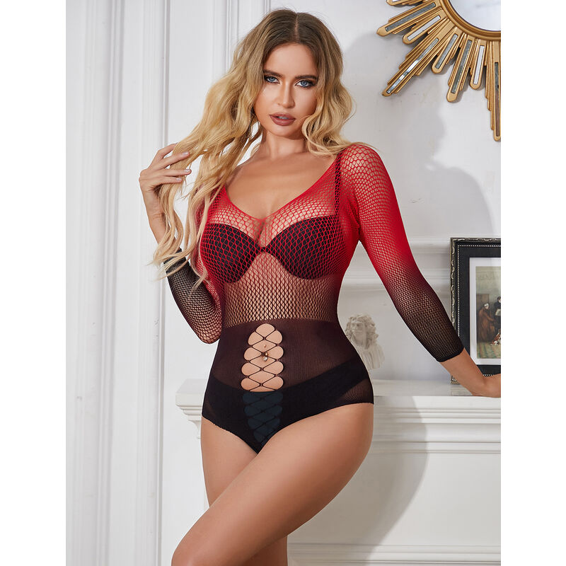 SUBBLIME - 952259 ROTER UND SCHWARZER KLEID MIT LANGEN RMELN UND ELASTISCHEM NETZVERLAUF EINE GRÖSSE – Bild 7