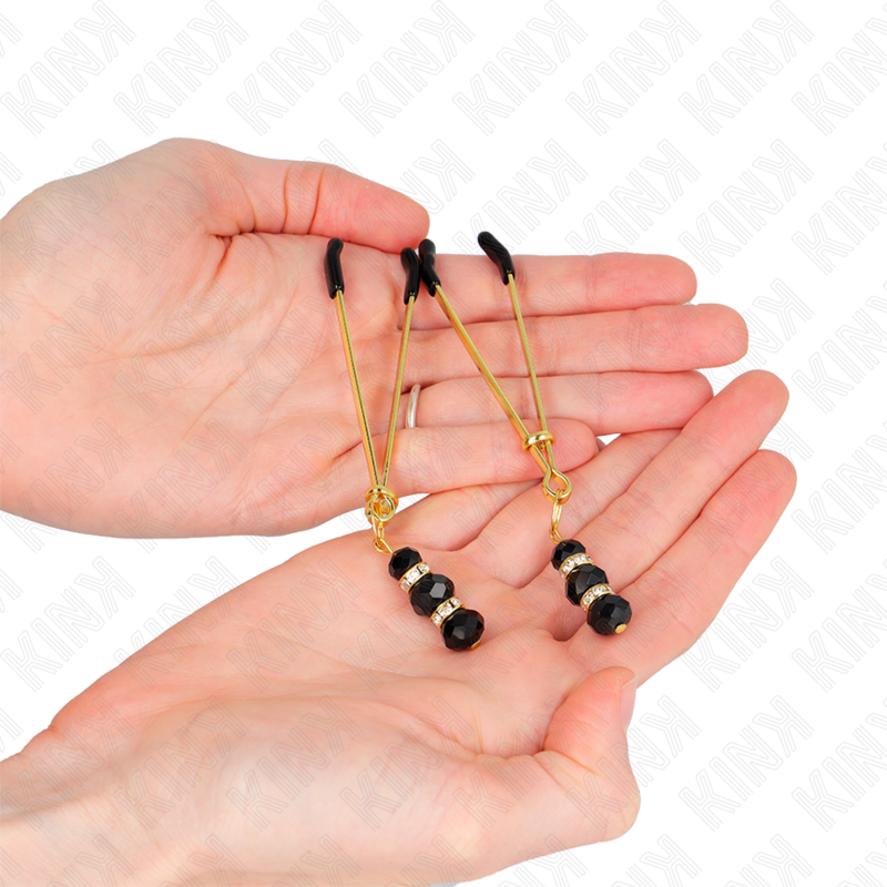 KINK - GOLD THIN NIPPLE CLAMPS WITH 3 BLACK GLASS BEADS 7 CM - Image 2