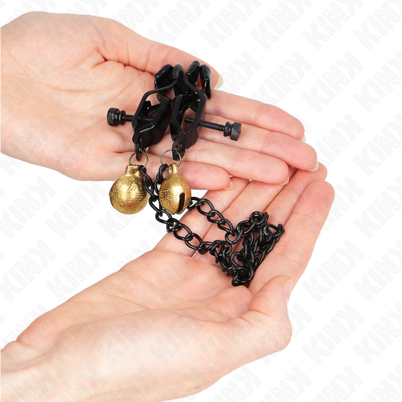 KINK - PINZAS PARA PEZONES PLANAS NEGRO CON CASCABEL Y CADENA PLATEADO 30 CM - Imagen 2