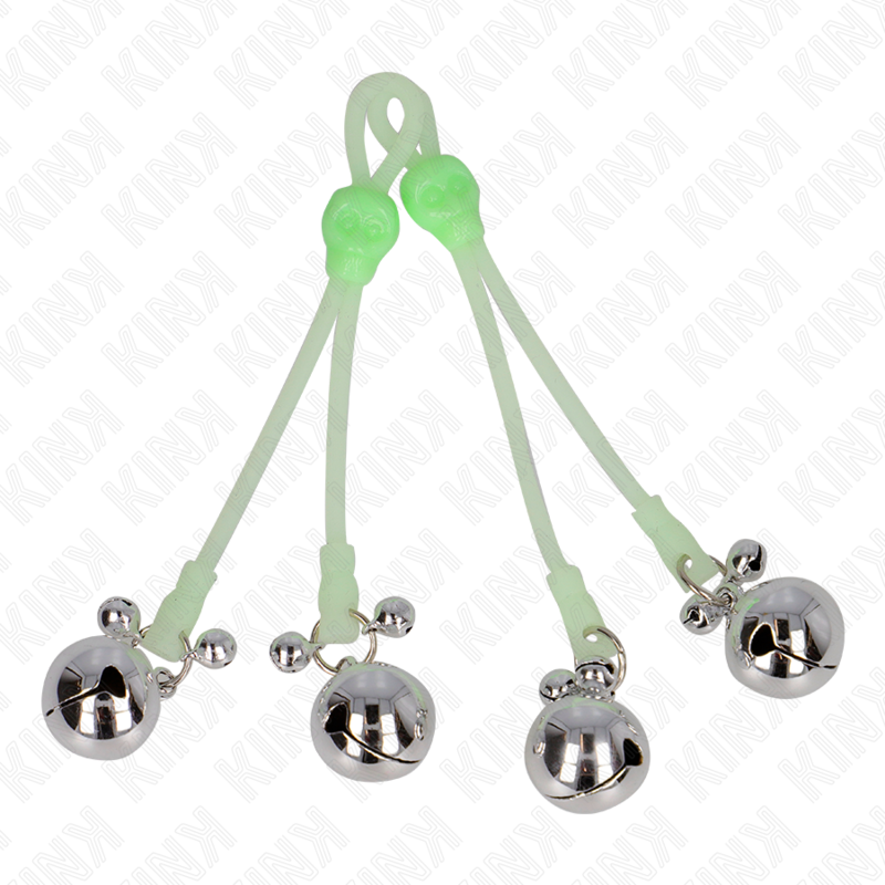 KINK - PINZAS PARA PEZONES LUMINOSAS FORMA CALABERA CON CASCABEL SONORO AJUSTABLE VERDE / PLATEADO - Imagen 5