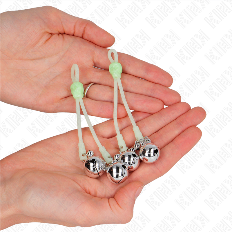 KINK - PINZAS PARA PEZONES LUMINOSAS FORMA CALABERA CON CASCABEL SONORO AJUSTABLE VERDE / PLATEADO - Imagen 2