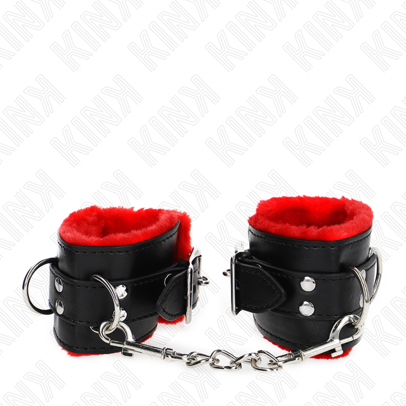 KINK - APPUI-POIGNETS DOUBLÉS DE FOURRURE AVEC TROUS CARRÉS CEINTURE ROUGE ET NOIRE RÉGLABLE 17-29 CM X 6 CM – Image 2