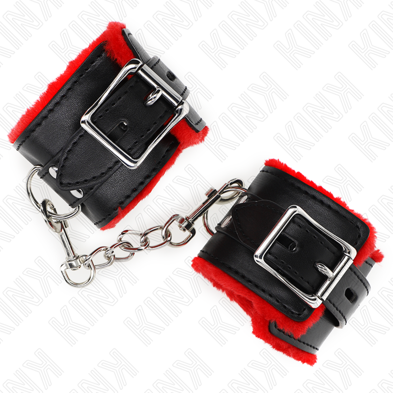 KINK - APPUI-POIGNETS DOUBLÉS DE FOURRURE AVEC TROUS CARRÉS CEINTURE ROUGE ET NOIRE RÉGLABLE 17-29 CM X 6 CM – Image 4