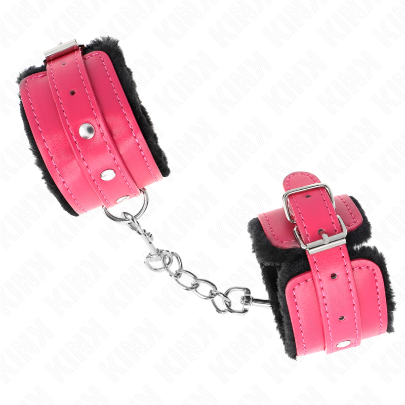 KINK - PREMIUM PELZGEFÜTTERTE HANDGELENKFESSELN SCHWARZ MIT HIMBEERROSEN-GÜRTEL VERSTELLBAR 17-29 CM X 6 CM – Bild 3