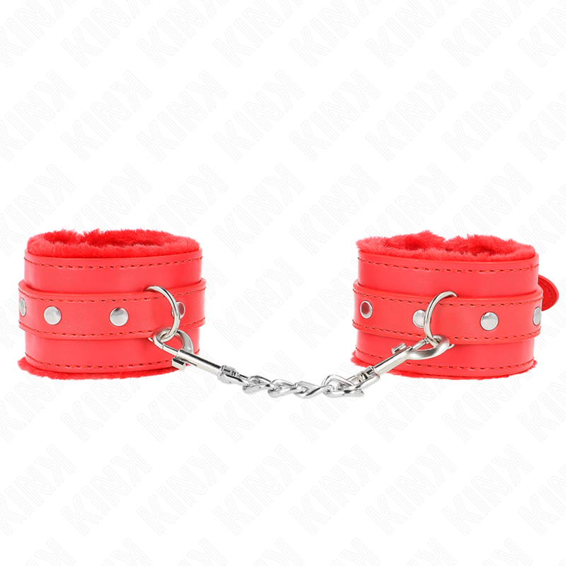 KINK - APPUI-POIGNETS DOUBLÉS DE FOURRURE PREMIUM ROUGE AVEC CEINTURE ROUGE RÉGLABLE 17-29 CM X 6 CM – Image 2