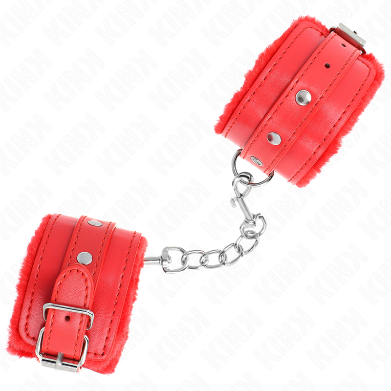 KINK - APPUI-POIGNETS DOUBLÉS DE FOURRURE PREMIUM ROUGE AVEC CEINTURE ROUGE RÉGLABLE 17-29 CM X 6 CM – Image 3