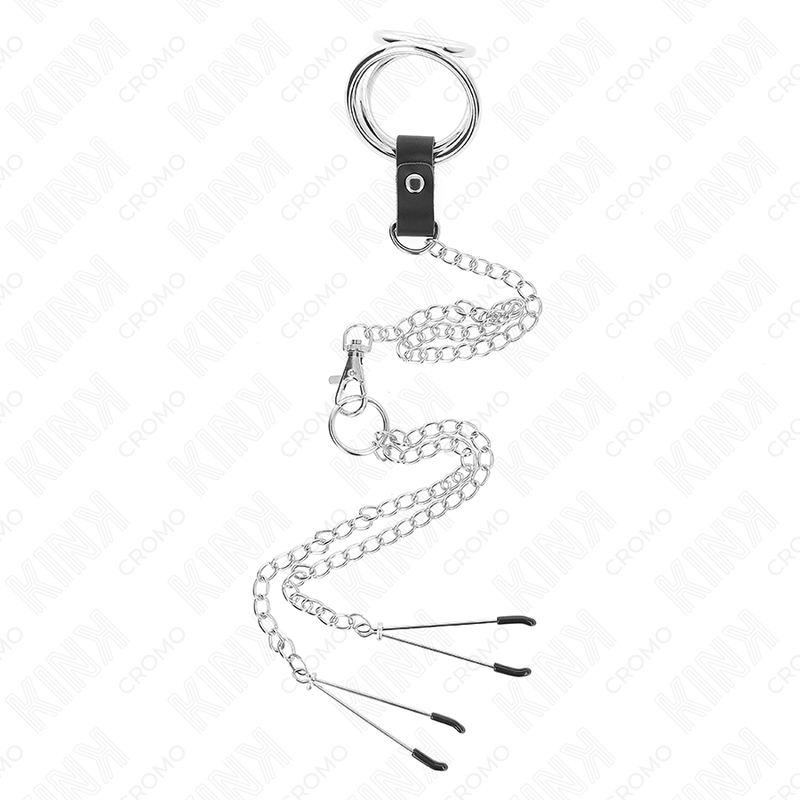 KINK - ANILLO PENE TRIPLE METAL CROMADO 3 CM A 4.5 CM CON CADENA METAL 26 CM Y PINZAS PARA PEZONES - Imagen 2