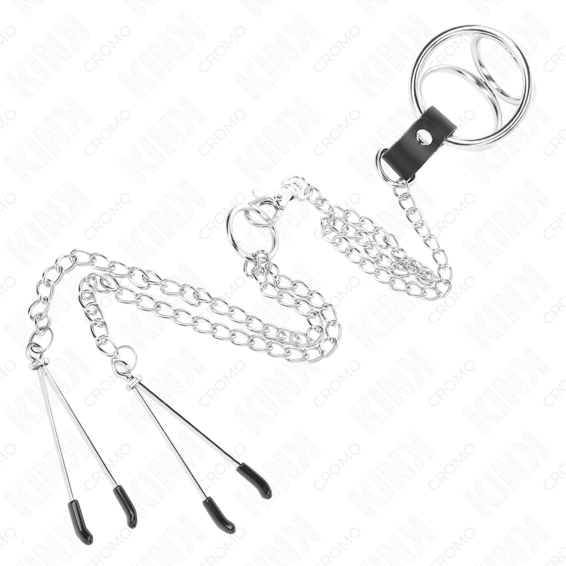 KINK - ANILLO PENE TRIPLE METAL CROMADO 3 CM A 4.5 CM CON CADENA METAL 26 CM Y PINZAS PARA PEZONES - Imagen 3