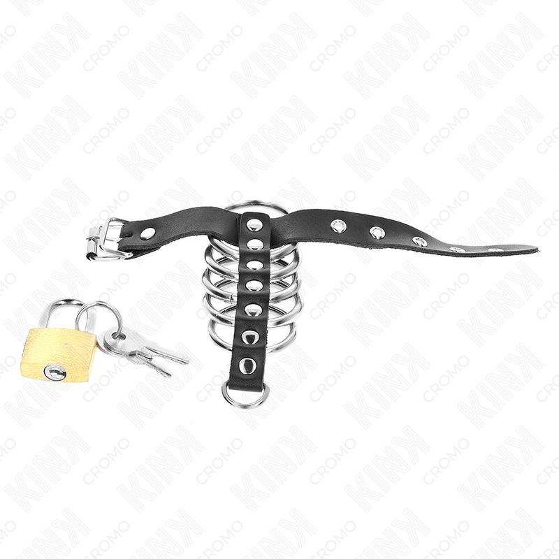 KINK - LEATHER PENIS RING WITH LOCK STRAP 21 X 2 CM AND 5 METAL RINGS FROM 3 CM TO 4 CM - Image 2