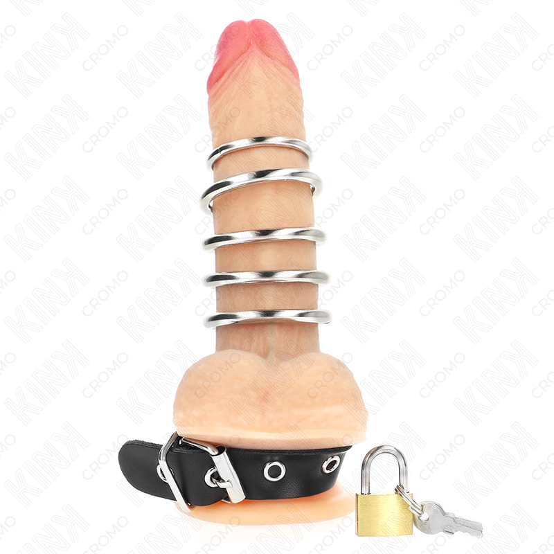 KINK - LEATHER PENIS RING WITH LOCK STRAP 21 X 2 CM AND 5 METAL RINGS FROM 3 CM TO 4 CM - Image 3