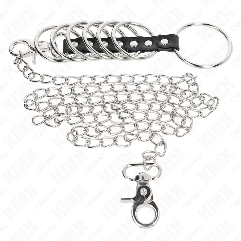 KINK - 7 ANELLI PER PENE IN METALLO DA 3,8 CM A 5 CM COLLEGATI CON PELLE E CATENA IN METALLO 100 CM - immagine 3