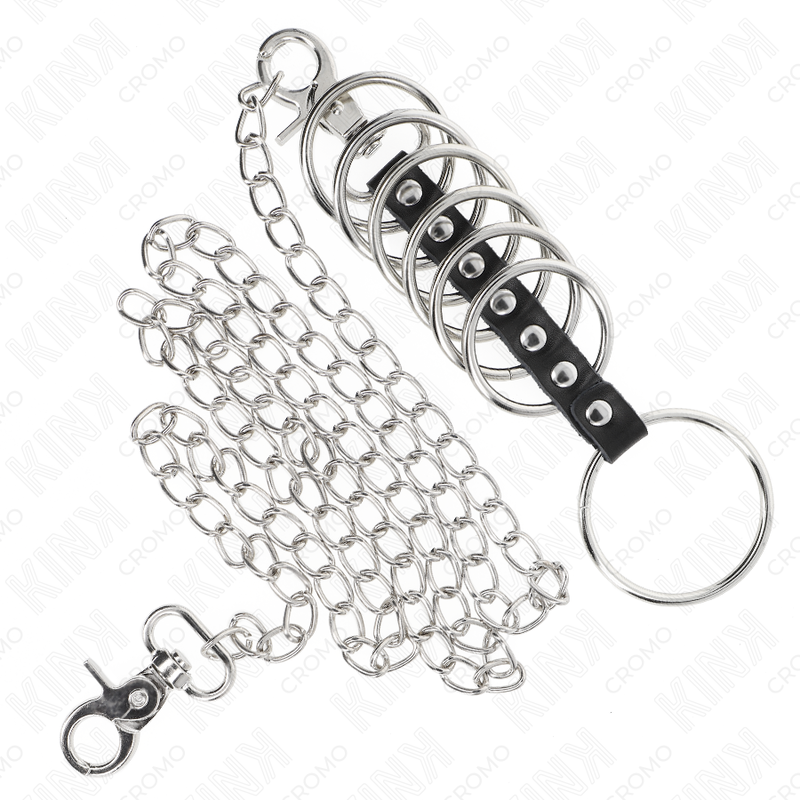 KINK - 7 ANELLI PER PENE IN METALLO DA 3,8 CM A 5 CM COLLEGATI CON PELLE E CATENA IN METALLO 100 CM - immagine 4