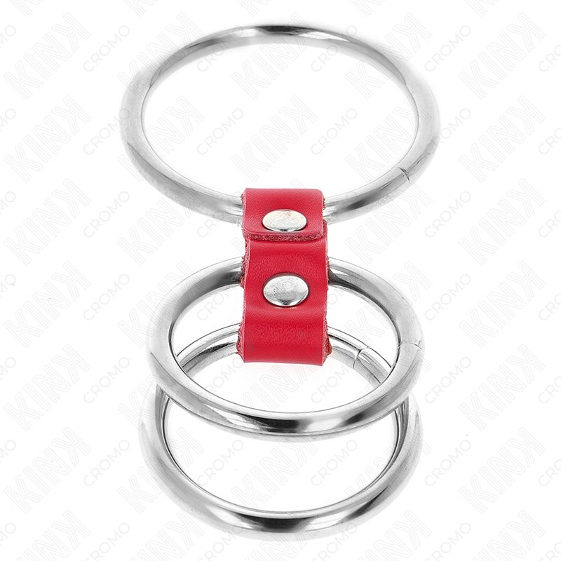 KINK - TRIPLE METAL PENIS RING 3.7 CM TO 5 CM CONNECTED WITH RED LEATHER - Image 3