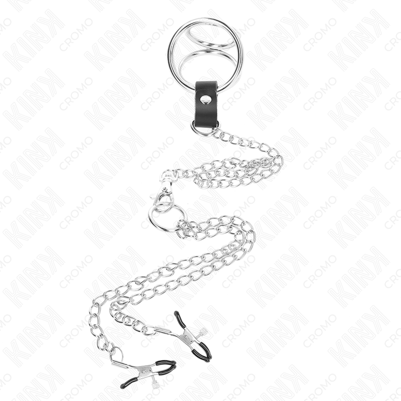 KINK - ANELLO PER PENE IN METALLO CROMATO TRIPLO DA 3 CM A 4,5 CM CON CATENA IN METALLO DA 26 CM E CLIP PER CAPEZZOLI - immagine 5