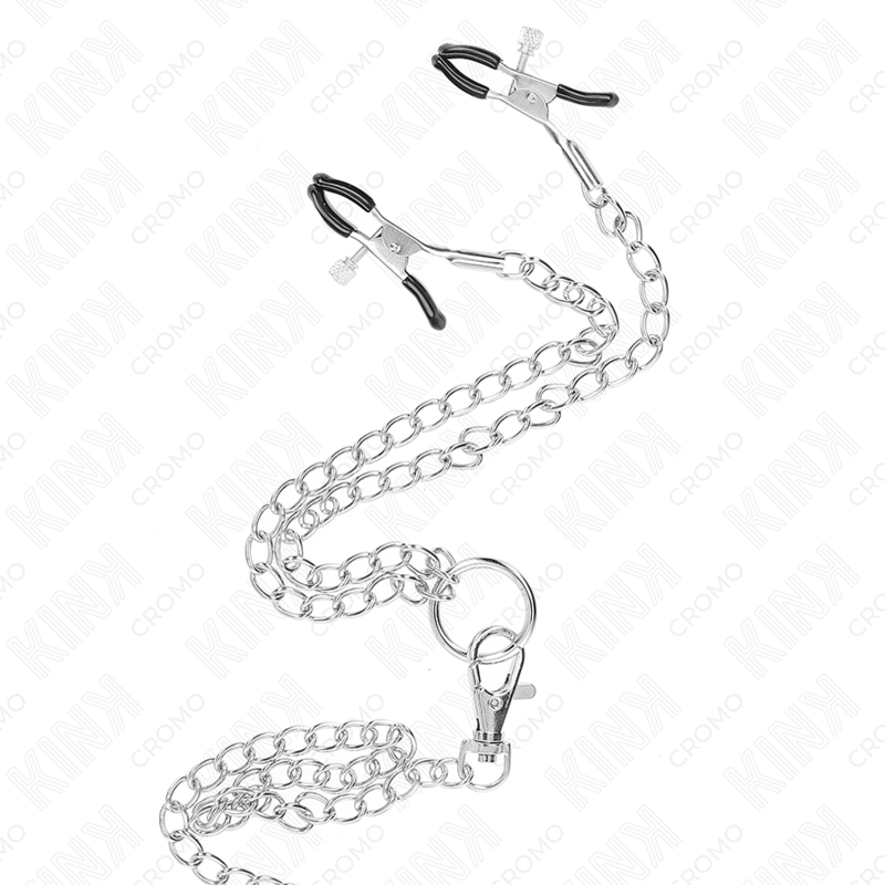 KINK - ANELLO PER PENE IN METALLO CROMATO TRIPLO DA 3 CM A 4,5 CM CON CATENA IN METALLO DA 26 CM E CLIP PER CAPEZZOLI - immagine 2