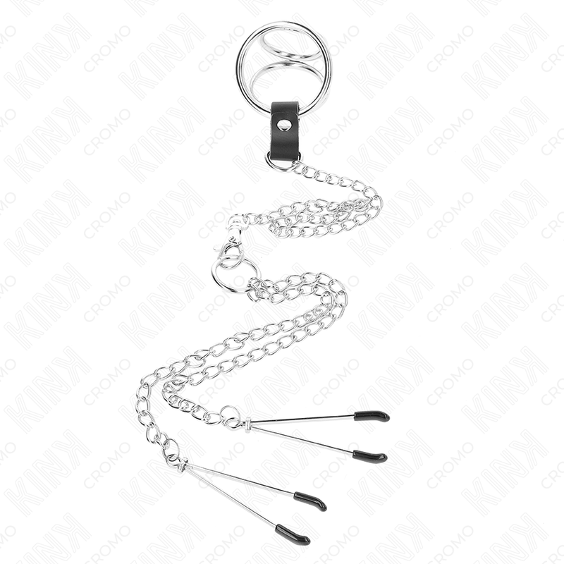 KINK - ANELLO PER PENE IN METALLO CROMATO TRIPLO DA 3,8 CM A 5 CM, CATENA IN METALLO DA 26 CM E MORSETTI PER CAPEZZOLI MOD. 2 - immagine 2