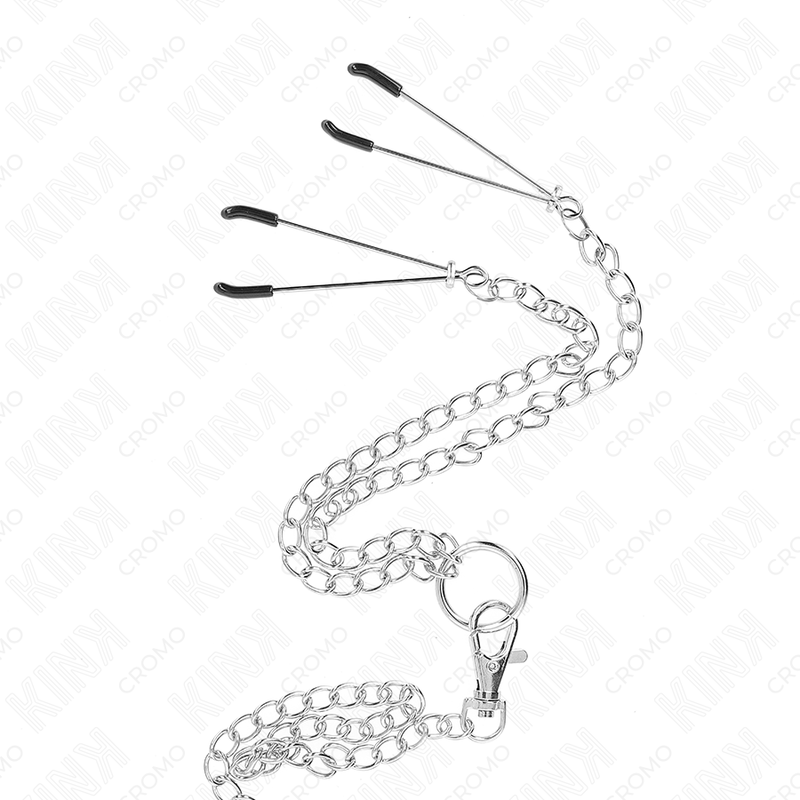 KINK - ANELLO PER PENE IN METALLO CROMATO TRIPLO DA 3,8 CM A 5 CM, CATENA IN METALLO DA 26 CM E MORSETTI PER CAPEZZOLI MOD. 2 - immagine 3