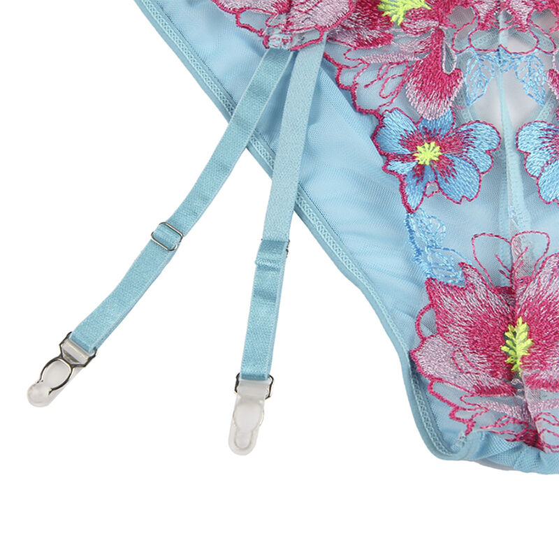 SUBBLIME - 954109 BRA + PANTIES WITH GARTER BELT FLORAL DESIGN BLUE S/M - Image 6