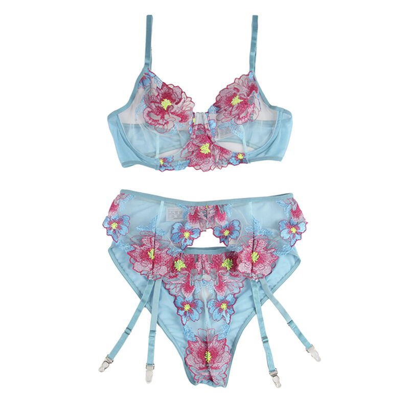 SUBBLIME - 954109 BRA + PANTIES WITH GARTER BELT FLORAL DESIGN BLUE S/M - Image 8