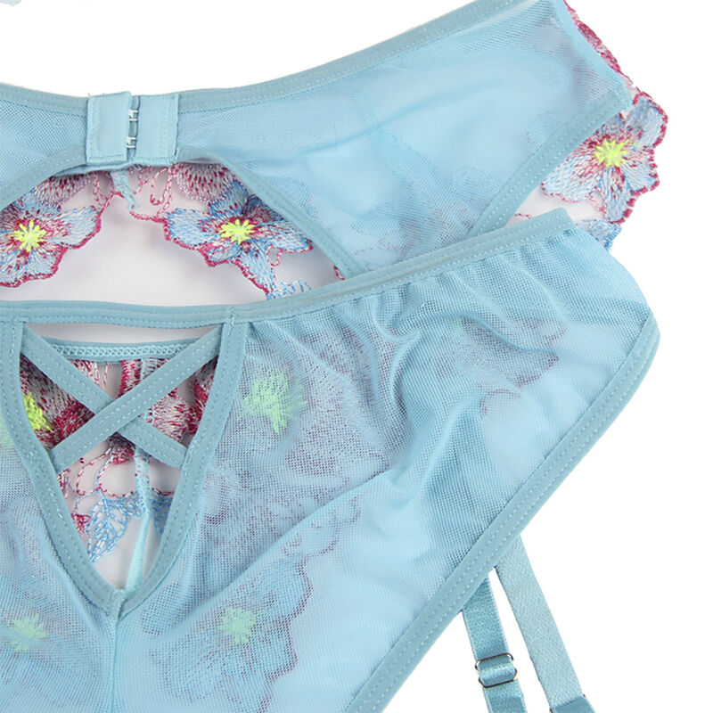 SUBBLIME - 954109 BRA + PANTIES WITH GARTER BELT FLORAL DESIGN BLUE S/M - Image 10