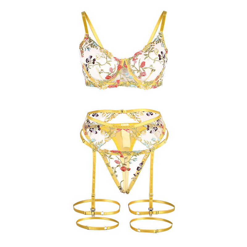 SUBBLIME - 954352 BRA + THONG + GARTER BELT FLORAL DESIGN YELLOW L/XL - Image 2