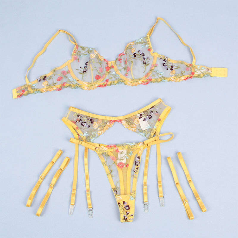 SUBBLIME - 954352 BRA + THONG + GARTER BELT FLORAL DESIGN YELLOW L/XL - Image 5