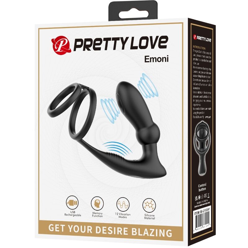 PRETTY LOVE - EMONI ANILLO PENE + PLUG ANAL 12 VIBRACIONES NEGRO - Imagen 3