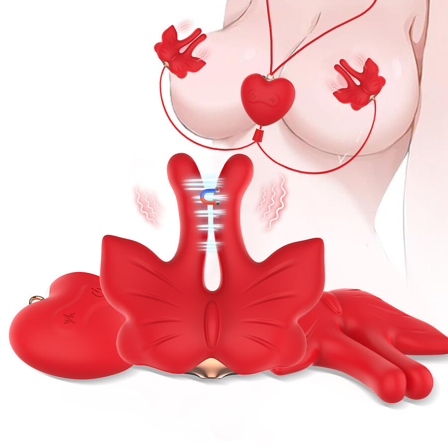 ARMONY - PINZAS PARA PEZONES MAGNÉTICA CON VIBRACIÓN FORMA MARIPOSA ROJO - Imagen 2