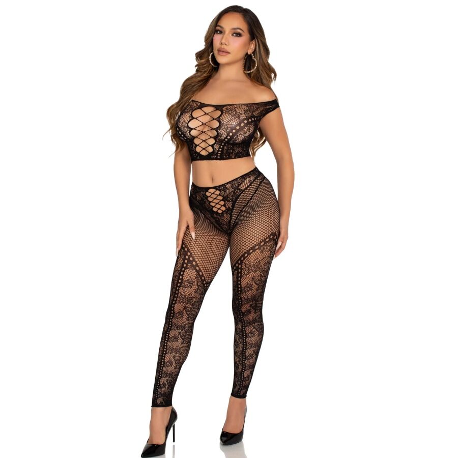 LEG AVENUE - CROP TOP E LEGGING A RETE CON SPALLE SCOPERTE NERO - immagine 3