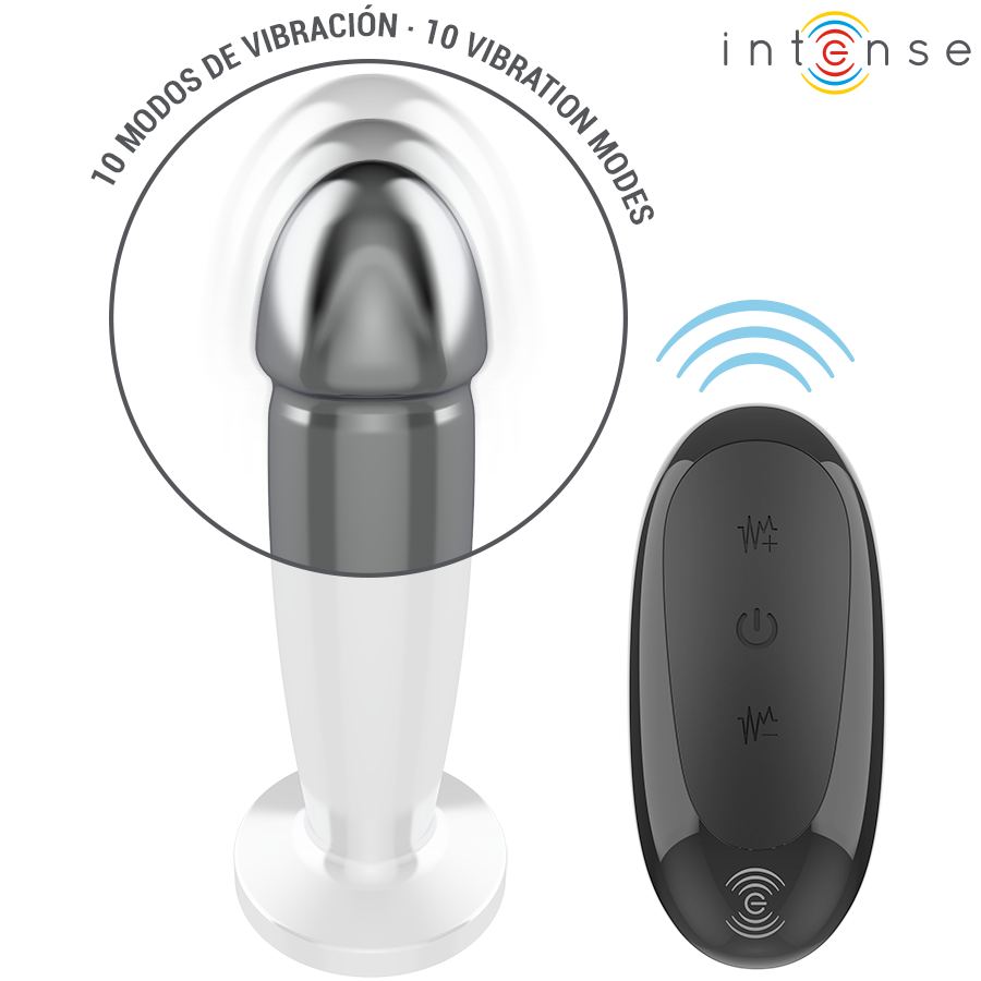 INTENSE - PLUG ANAL 10 VIBRACIONES METAL EN FORMA DE DILDO CON CONTROL REMOTO M - Imagen 3