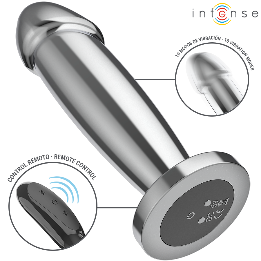INTENSE - PLUG ANAL 10 VIBRACIONES METAL EN FORMA DE DILDO CON CONTROL REMOTO M - Imagen 2