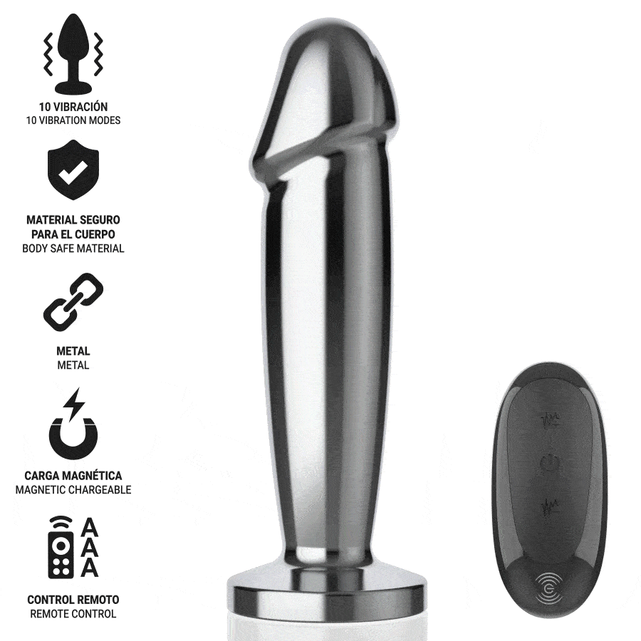 INTENSE - PLUG ANAL 10 VIBRACIONES METAL EN FORMA DE DILDO CON CONTROL REMOTO M - Imagen 8