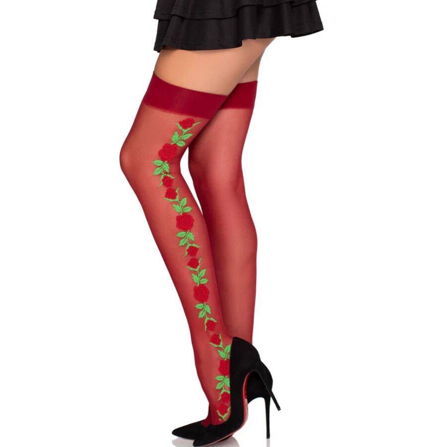 LEG AVENUE - 1957 GARTER BELT STOCKINGS WITH RED FLOWERS - ONE SIZE - Image 3