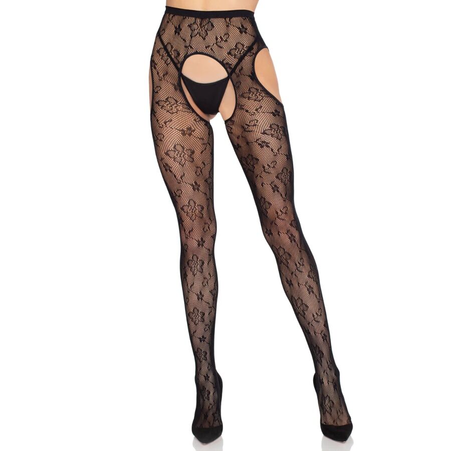 LEG AVENUE - 1967 MEDIAS DE LIGUERO CON RED DE FLORES NEGRO - TALLA ÚNICA - Imagen 5