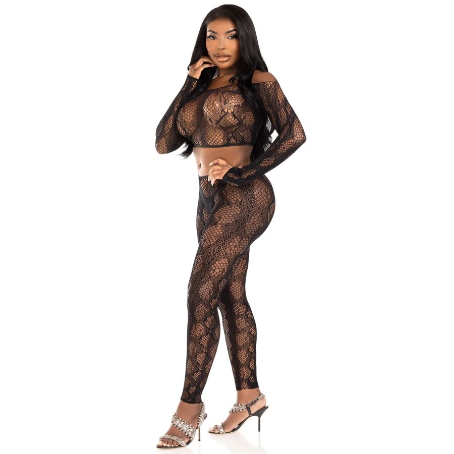 LEG AVENUE - 89373 PYTHON CROP TOP & FOOTLESS TIGHTS BLACK - ONE SIZE - Image 3