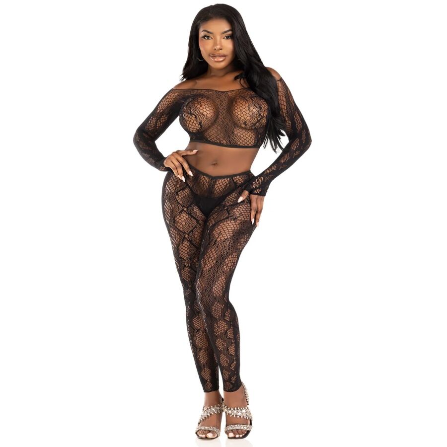 LEG AVENUE - 89373 PYTHON CROP TOP & FOOTLESS TIGHTS BLACK - ONE SIZE - Image 4