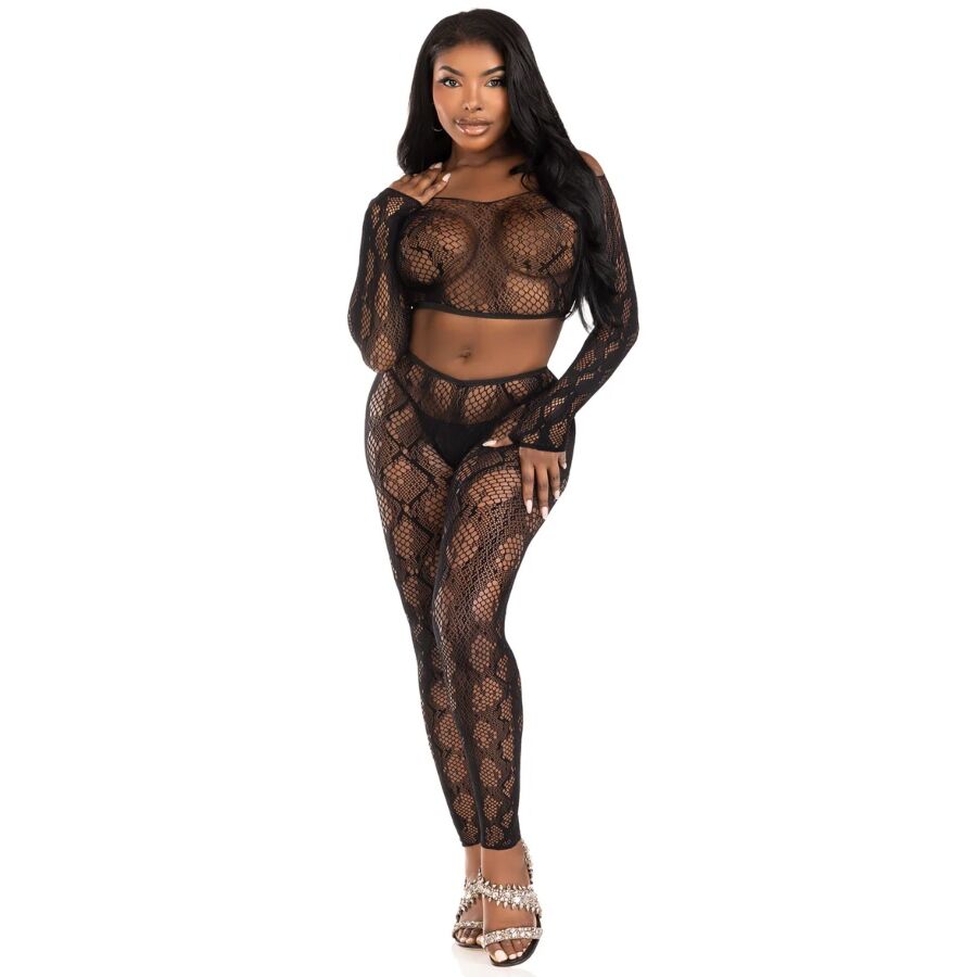 LEG AVENUE - 89373 PYTHON CROP TOP & FOOTLESS TIGHTS BLACK - ONE SIZE - Image 5