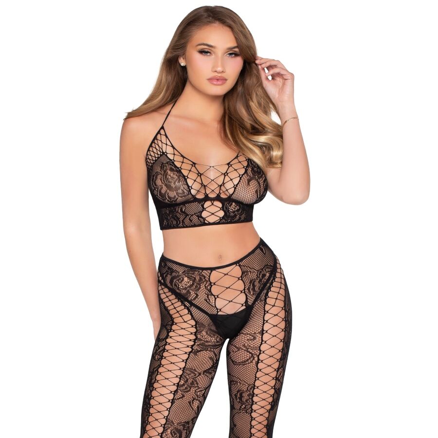 LEG AVENUE - 89368 NETZ- UND SPITZEN-CROP-TOP UND STRUMPFHOSE, SCHWARZ - EINHEITSGRÖSSE – Bild 3