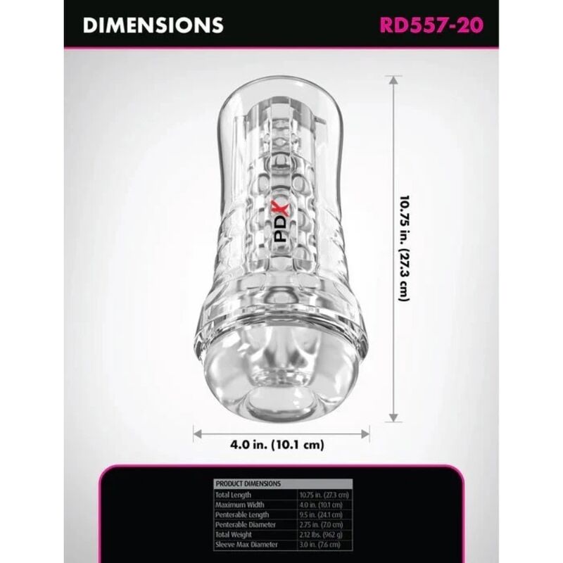 PDX ELITE - MASTURBADOR TRANSPARENTE VIEWTUBE PLUS SEE-THRU EZ-GRIP 21 CM - Imagen 3