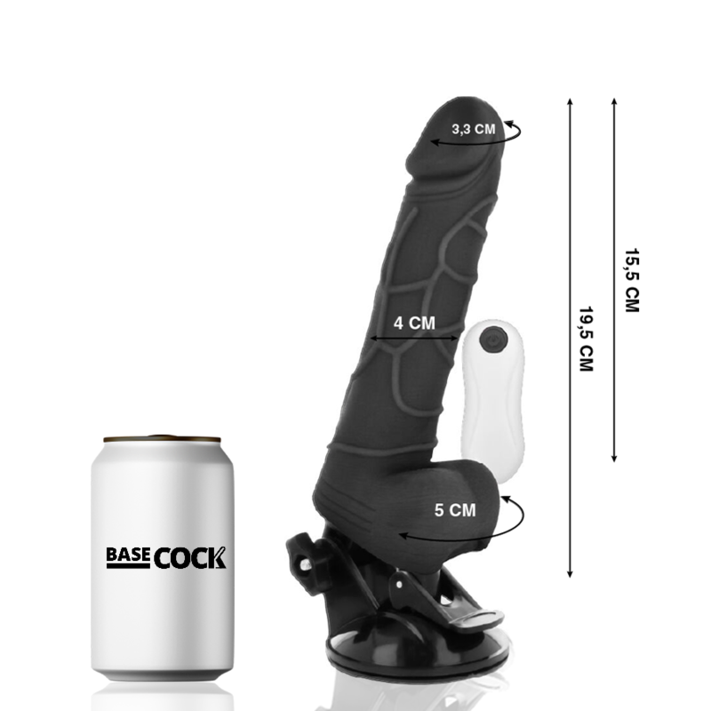 BASECOCK - VIBRADOR REALÍSTICO CONTROL REMOTO NEGRO CON TESTÍCULOS 19.5 CM -O- 4 CM - Imagen 2