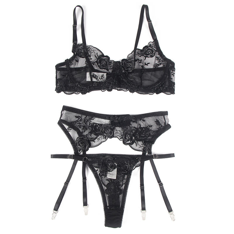 SUBBLIME - SET DE 3 PIEZAS SUJETADOR + TANGA + LIGA ESTAMPADO FLORAL NEGRO S/M - Imagen 14