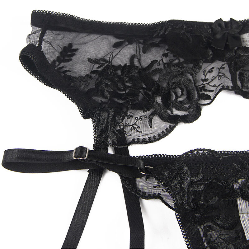 SUBBLIME - SET DE 3 PIEZAS SUJETADOR + TANGA + LIGA ESTAMPADO FLORAL NEGRO S/M - Imagen 2