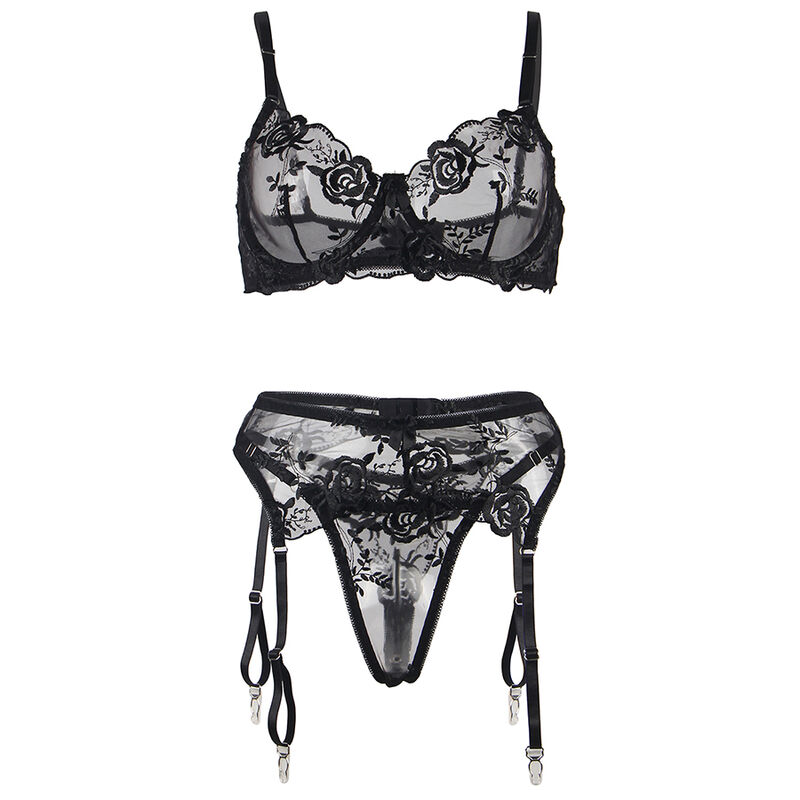 SUBBLIME - SET DE 3 PIEZAS SUJETADOR + TANGA + LIGA ESTAMPADO FLORAL NEGRO S/M - Imagen 15