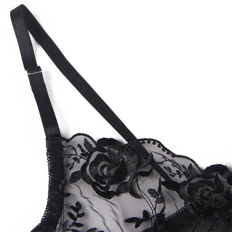SUBBLIME - SET DE 3 PIEZAS SUJETADOR + TANGA + LIGA ESTAMPADO FLORAL NEGRO S/M - Imagen 3