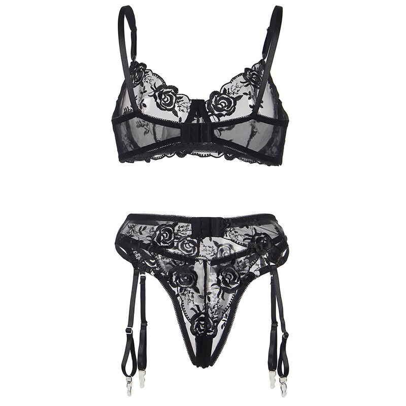 SUBBLIME - SET DE 3 PIEZAS SUJETADOR + TANGA + LIGA ESTAMPADO FLORAL NEGRO S/M - Imagen 12
