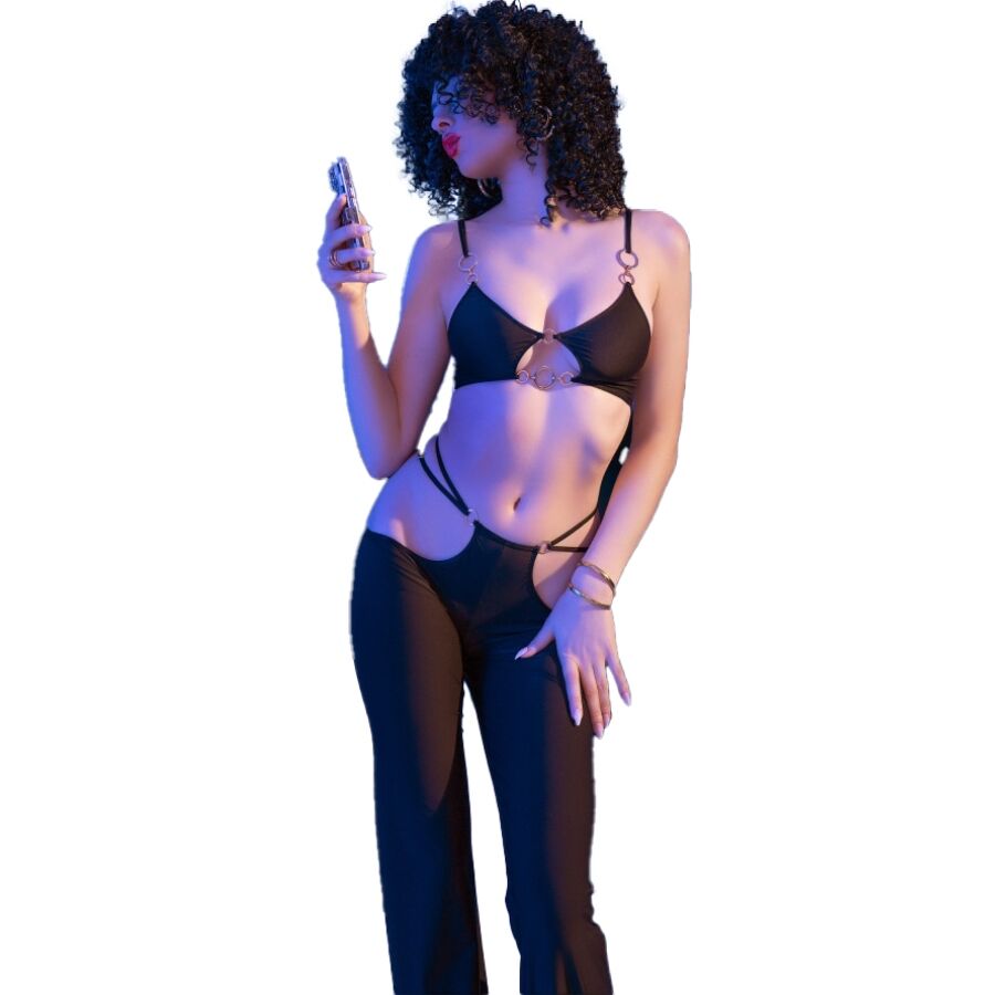 CHILIROSE - CR 4851 SET TOP NEGRO Y LEGGINS CON COMPLEMENTOS DORADOS S - Imagen 6