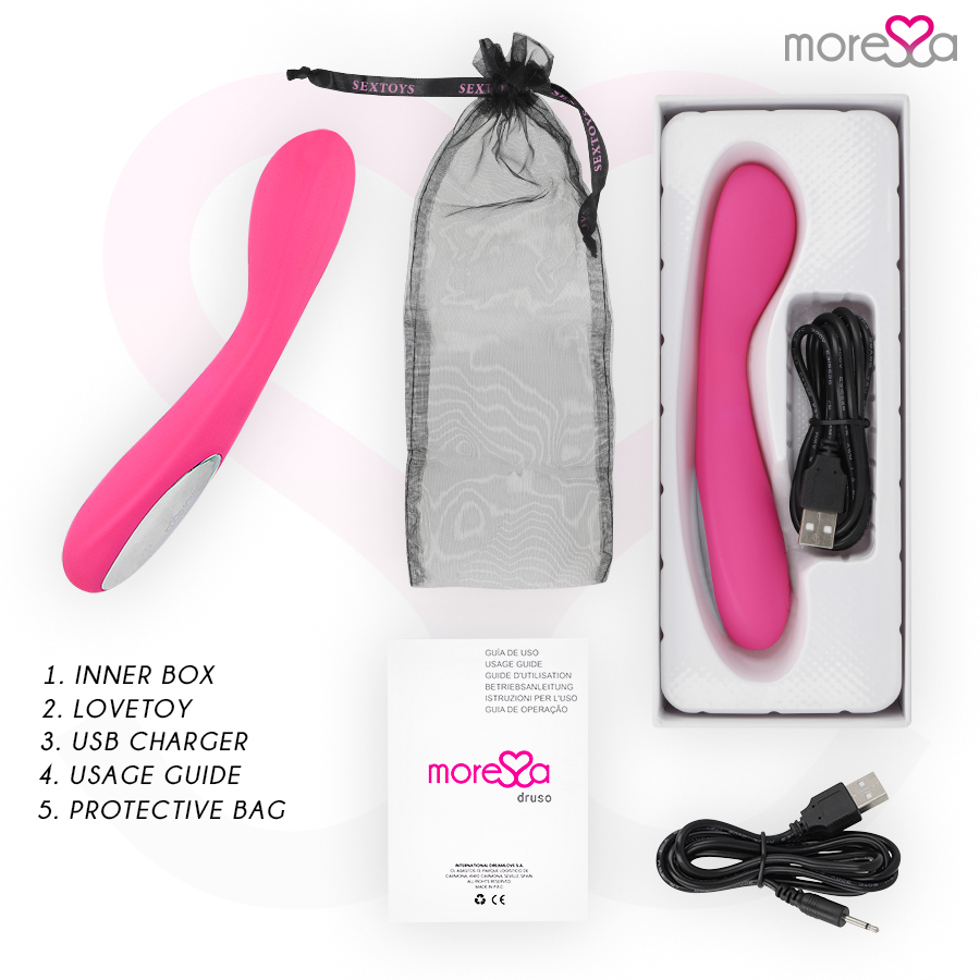 MORESSA - DRUSO MASAJEADOR DUO PUNTO G Y SUERO PELVICO PREMIUM SILICONE RECARGABLE - Imagen 5