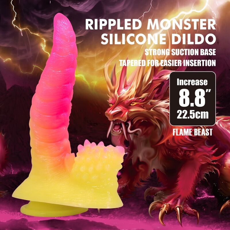 POWER MONSTERS - RIPPLIED MONSTER DILDO FANTASÍA CON VENTOSA 22,5 CM Ø 5,5 CM ROSA Y AMARILLO - Imagen 4